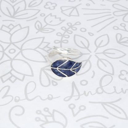 Leaf Ring Silver Adjustable with natural inlaid Stone