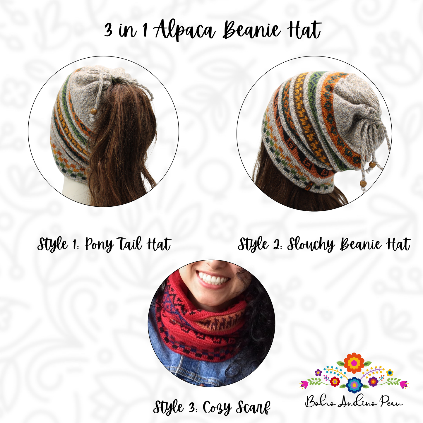 3 in 1 Baby Alpaca Beanie - Pony Tail hat -Neck warmer