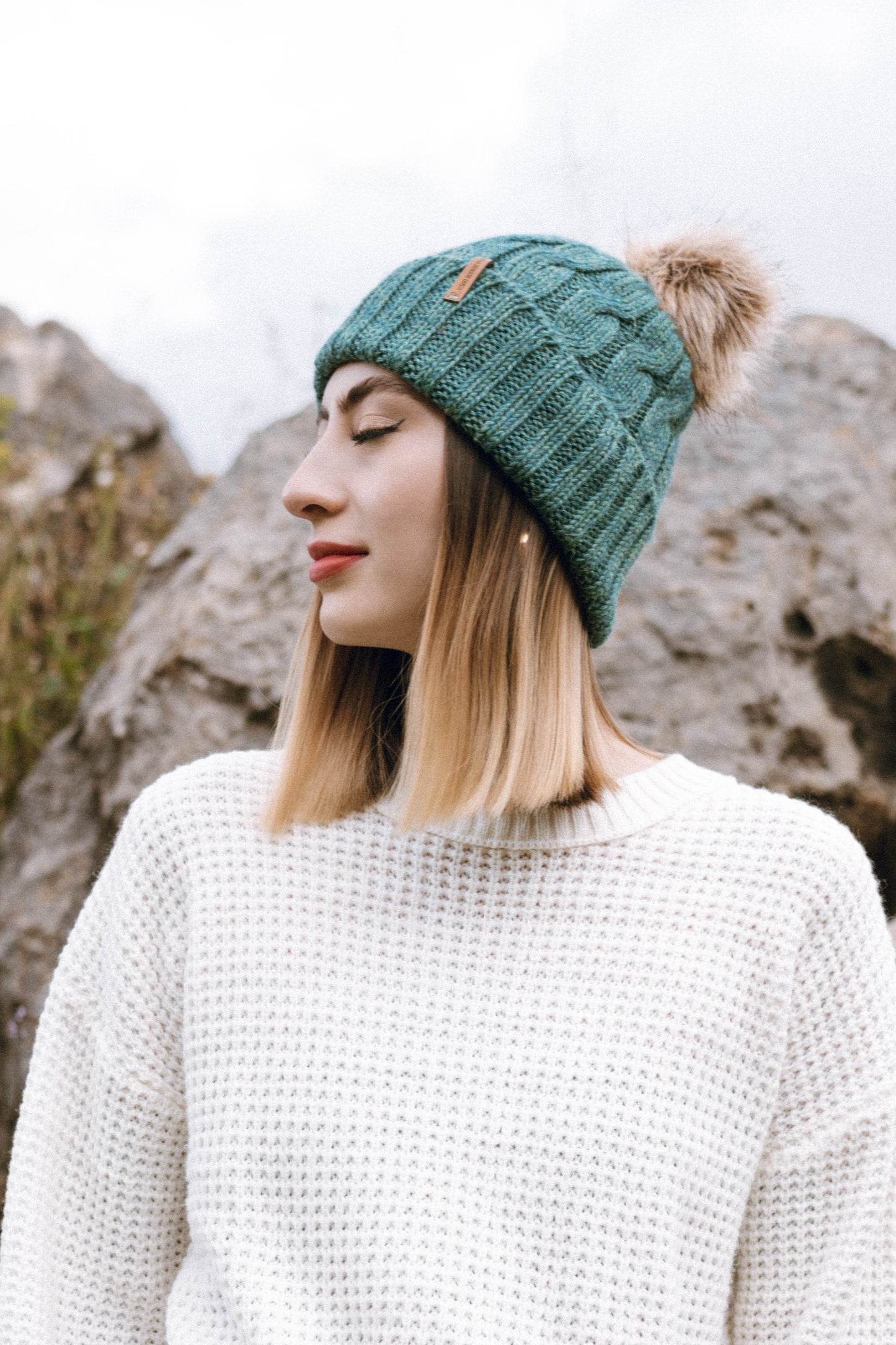 Alpaca Beanie Hat Removable Pom Pom